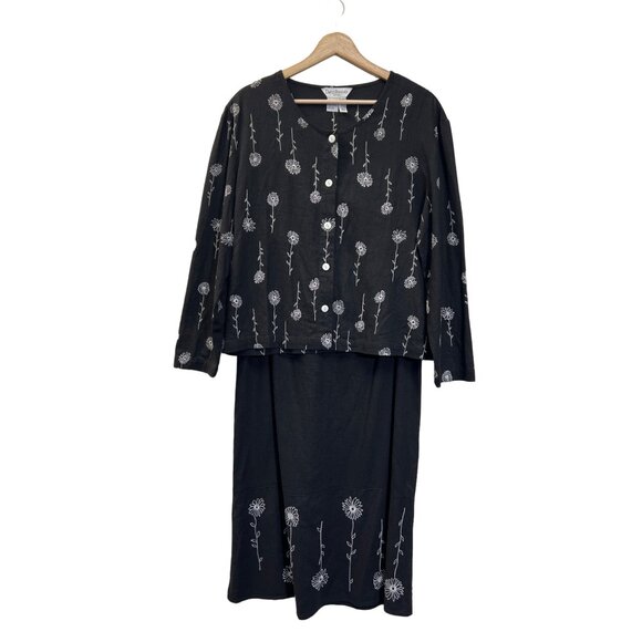 David Brooks Petites Vintage Black Linen Floral Embroidered Skirt Set Dress - Picture 2 of 11